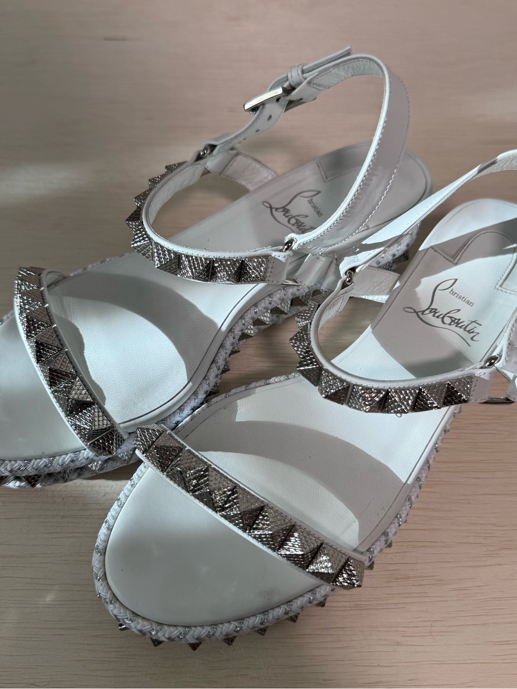 Christian Louboutin White Pyramid-Stud Espadrille Sandals